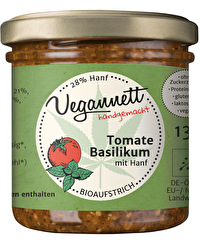 Der Aufstrich Tomate Basilikum mit Hanfsaat von Vegannett wird auf nussfreier Basis mit Hanf aus Sachsen und geschälten Hanfsamen aus Österreich hergestellt.