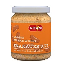 Dieser Bohnenaufstrich wie Krakauer von VITAM ist eine Streichwurst und eine optimale Alternative zu herzhafter Wurst aufs Brot.