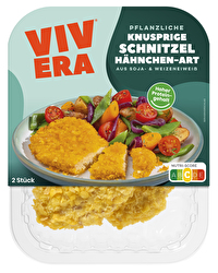 Die Vegane Hähnchen-Schnitzel von Vivera kommen im Doppelpack daher und verfügen über eine richtig krosse Cornflakes-Kruste!