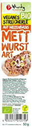 Veganes Streicherle Mettwurst Art von Wheaty – Ein kräftig würziger Aufstrich mit einer markanten Textur, der auf Basis von Weizenprotein hergestellt wird.