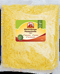 Veganer Pizzaschmelz von Wilmersburger im handlichen 1kg-Vorratspack. Das reicht für eine Menge Pizzen! Kauf es günstig bei kokku, deinem Veganshop!
