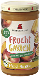 Der Fruchtgarten-Aufstrich Pfirsich-Maracuja von Zwergenwiese schmeckt mit einem Fruchtanteil von satten 70% intensiv fruchtig und exotisch.