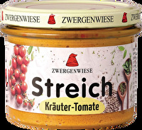 Der Kräuter Tomate Streich aus dem Hause Zwergenwiese auf Basis von Sonnenblumenkernen wurde mit sonnengereiften Tomaten und Kräutern verfeinert.