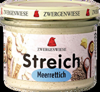 Der Meerrettich Streich von Zwergenwiese ist ein Genuss an frischer, milder Schärfe. Am besten du genießt ihn auf frischem Brot oder nimmst ihn zum Dippen. Jetzt günstig bei kokku im veganen Onlineshop bestellen!