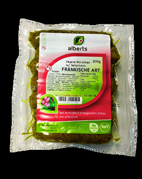 Die Fränkischen Seitan Würstchen von alberts: knackig und lecker würzig nach fränkischer Art mit feinen Kräutern.