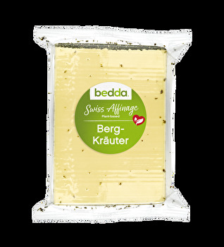 Der Swiss Affinage Bergkräuter Blöckli von bedda ist eine pflanzliche Alternative zu würzigem Bergkäse.