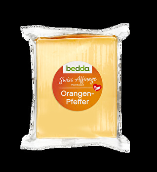 Der Swiss Affinage Orangen-Pfeffer Blöckli von bedda ist eine pflanzliche Käsealternative, der nach einem speziellen, schweizerischen Verfahren hergestellt und veredelt wurde.