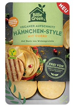 Der vegane Aufschnitt Hähnchen-Style mit Curry von Billie Green – eine aromatische Sensation mit authentischem Biss und exotischer Currynote. Herzhaft gewürzt und proteinreich.