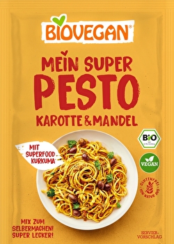 Das Mein Super Pesto °Karotte & Mandel° von Biovegan bringt dir bunte Abwechslung auf den Teller.