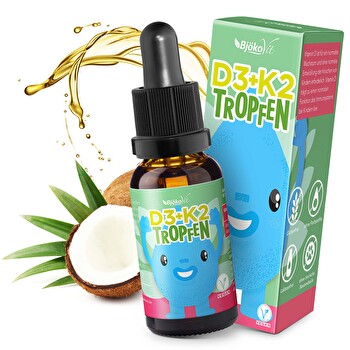 Die Vitamin D3+K2-Tropfen für Kinder von BjökoVit sind ideal für Kinder und Jugendliche, um den erhöhten Bedarf an Vitamin D und Vitamin K in der Wachstumsphase für den Aufbau starker Knochen und gesunde Zähne sicherzustellen.
