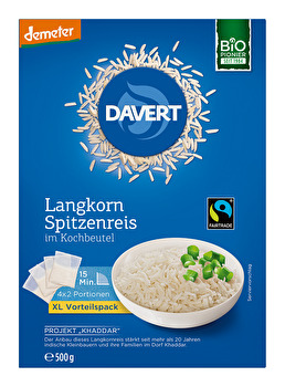 Dieser mild-aromatische Spitzen Langkornreis von Davert stammt aus dem Fairtrade-Khaddar-Projekt in Indien und überzeugt durch seine strahlend weißen, locker-leichten Reiskörner.