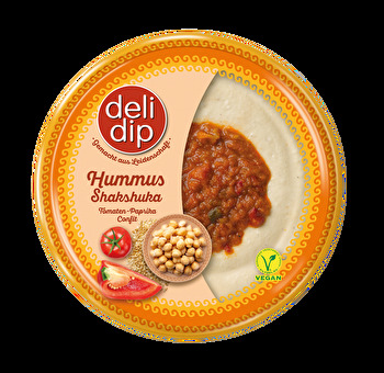 Der Hummus Shakshuka von DeliDip ist das perfekte Zusammenspiel von würzigem Hummus mit fruchtiger Tomaten-Paprika Sauce.