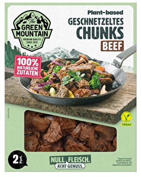 Die Beef Chunks von Green Mountain sind ein schnelles Fertiggericht auf Sojabasis.