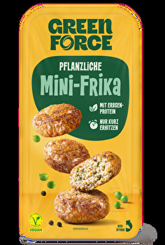 Genau wie die große vegane Frikadelle, kommen auch die kleinen frische Mini Frika von GREENFORCE mit Erbsenprotein daher.