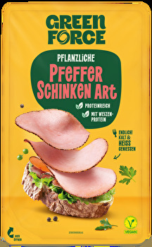 Pflanzliche Pfeffer Schinken Art von GREENFORCE – Leicht würzig, delikat und voller Geschmack! Ob kalt als Brotbelag oder heiß auf Pizza und Toast – diese pflanzliche Alternative überzeugt mit ihrem authentischen Geschmack und vielseitigen Einsatzmöglichkeiten.