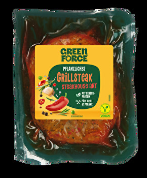 Das pflanzliche Grillsteak – Steakhouse Art von GREENFORCE überzeugt mit einer saftigen, schnittfesten Textur und einem fein abgestimmten Würzaroma.