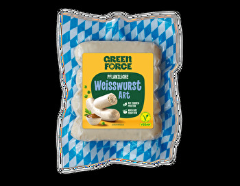 Die vegane Weisswurst Art von GREENFORCE ist eine herzhafte und leckere Wurst-Alternative auf Erbsenbasis.