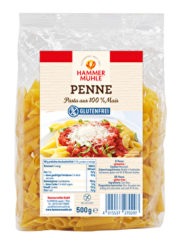 Die Penne von Hammermühle bestehen zu 100% aus Maismehl und schmecken hervorragend zu einer scharfen Arrabbiata Sauce oder mit frischem Pesto oder oder.
