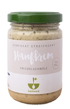 Hanfkrem Zwiebelschmälz von hanfwerk ist ein herzhafter Zwiebelaufstrich auf Hanfbasis - und damit genau das Richtige für alle, denen herkömmliches veganes Zwiebelschmelz zu fettig ist, die aber nicht auf den herzhaften Zwiebelgeschmack verzichten wollen.