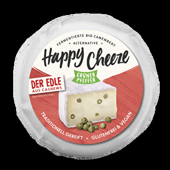 Happy Cheeze der Edle mit Grünem Pfeffer ist eine auf Cashewnüssen basierende Alternative zu Camembert.
