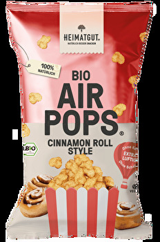 Die Bio AirPops Cinnamon Roll Style von Heimatgut – luftig-leichtes Popcorn mit dem zimtig-süßen Geschmack des beliebten Gebäcks. Ohne harte Schalen, ohne Zusatzstoffe – einfach unvergleichlich lecker!