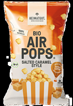 Die Bio AirPops Salted Caramel Style von Heimatgut – luftig gepopptes Popcorn mit knuspriger Schale und zartem Kern. Ganz ohne Schalenteile und Zusatzstoffe, bietet es den perfekten süß-salzigen Kick für puren Snack-Genuss!