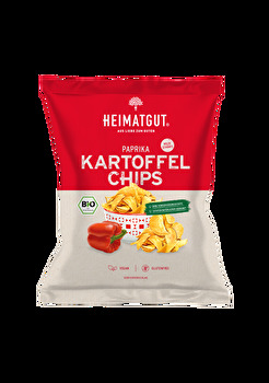 Der Chipsklassiker Kartoffel Chips Paprika von Heimatgut steigt dank seiner hochwertigen Bio Zutaten endlich eine Stufe auf.