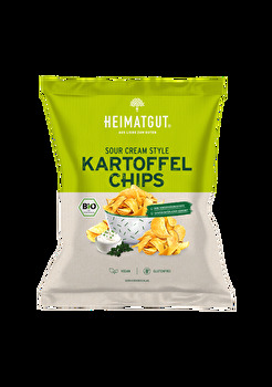 Die beliebtesten Kartoffelchips endlich in veganer Ausführung, die Kartoffel Chips Sour Cream Style von Heimatgut machen es möglich.
