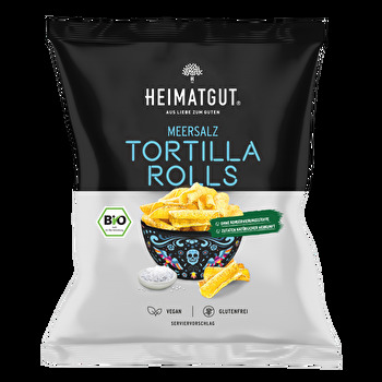 BIO Tortilla Rolls mit Meersalz von Heimatgut sind super knusprig und nehmen durch die gerollte Form beim Dippen besonders viel Sauce auf.