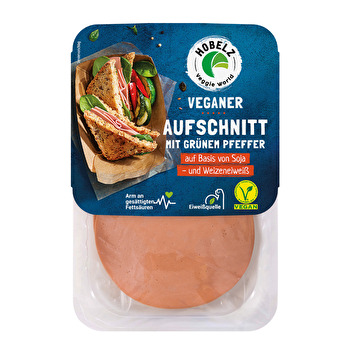 Ein leckerer Soja-Aufschnitt in gewohnter Hobelz-Qualität, der an Kochschinken erinnert und mit grünem Pfeffer abgerundet ist.