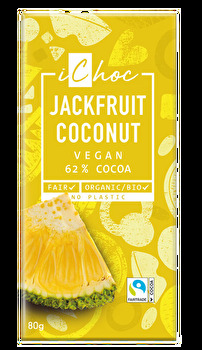 Jackfruit Coconut von iChoc – Bio-Bitterschokolade trifft auf exotische Jackfruit, knackige Kokoschips und erfrischenden Lemoncrisp.