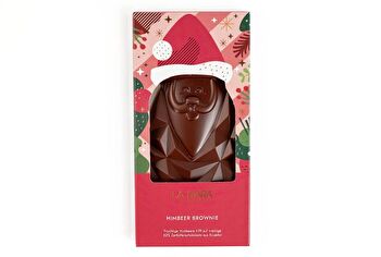 Die Santa Weihnachtsmanntafel Himbeer Brownie von La Mara ist ein kleines, aber feines Stück an veganer Schokoladenkunst.