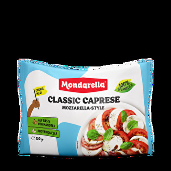 Der Classic Caprese Mozzarella-Style von Mondarella ist inspiriert von der italienischen Mozzarella-Tradition und besteht aus rein natürlichen Mandeln.