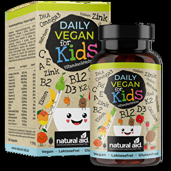 Dieser Vitaminkomplex Daily Vegan for KIDS Vitamine & mehr von natural aid wurde speziell für einen veganen oder vegetarischen Lebensstil von Kindern und Schwangeren entwickelt.