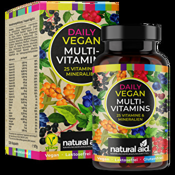 Bei den Vegan MultiVitamins 25in1 von natural aid handelt es sich um einen bunten Vitamincocktail.