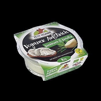 Aufstrich Knoblauch & Kräuter von Petit Veganne – ein cremiger, pflanzlicher Brotaufstrich aus hochwertigen Zutaten.