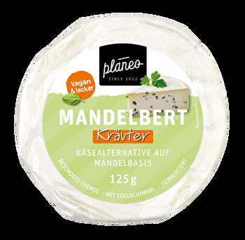 Der Mandelbert Kräuter von planeo - der ideale vegane Camembert für alle Liebhaber des frischen Schmelzes! Der zart schmelzende Camembert auf Mandelbasis wurde mit milden Kräutern im mediterranen Stil verfeinert.