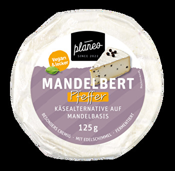 Der Mandelbert Pfeffer von planeo - ein exzellenter veganer Camembert auf Mandelbasis mit dem gewissen Extra an Biss! Der Pfeffer verschmilzt perfekt mit der Cremigkeit des Mandelberts und gibt dem Camembert ein gesundes Maß an Würzigkeit mit.
