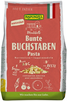Die bunten Buchstaben Suppennudeln von Rapunzel bringen Abwechslung auf den Teller.