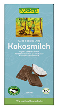 Die Kokosmilch Schokolade von Rapunzel vereint das Beste aus der Kokosnuss mit dem intensivem Aroma von Kakao und wird abgerundet mit der leichten Karamell Note des Kokosblütenzuckers.