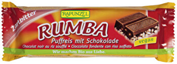 Mit dem Rumba Puffreisriegel von Rapunzel hast du köstlich leichten Schokogenuss.