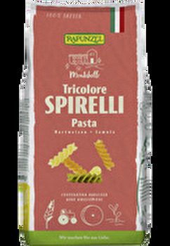 Die bunte Spirellivariante Tricolore von Rapunzel bringt Abwechslung auf den Teller.ller. Rapunzels italienischer Pastificio stellt die Pasta nach alter Tradition aus bestem italienischem Hartweizengrieß und reinem Quellwasser her.