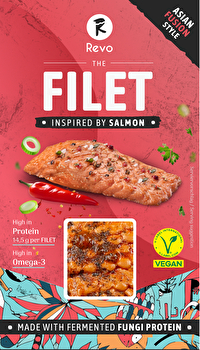 The Filet - - veganer Lachsersatz Asian Fusion Style von Revo Foods mit authentisch fischigem Geschmack und blättriger Lachsstruktur.