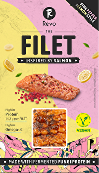 The Filet - veganer Lachsersatz Pink Pepper & Lemon Style von Revo Foods mit zarter, blättriger Struktur und typisch fischigem Geschmack. Veredelt mit einer würzigen Rosa-Pfeffer-Marinade und vielseitig einsetzbar – ob roh, gekocht oder in kalten Speisen.