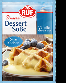 Die Dessertsoße Vanille Geschmack ohne Kochen von RUF ist blitzschnell hergestellt und unglaublich lecker.