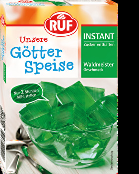 Die Instant Götterspeise Waldmeister-Geschmack von RUF ist fix zubereitet - da werden Kindheitserinnerungen wach! Einfach Wasser hinzugeben, vermischen und ab in den Kühlschrank - schneller kommst Du kaum zu einem leckerem Nachtisch!