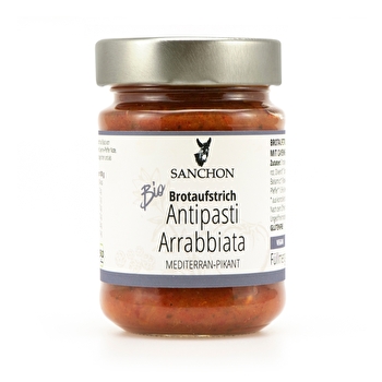 Der Antipasti Aufstrich Arrabbiata von Sanchon ist ein feiner veganer Brotaufstrich auf Basis von sonnengereiften Tomaten mit pikanter Cayenne-Pfeffer Note.