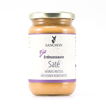 Die Erdnusssauce Saté von Sanchon passt hervorragend zu Tofu, einer Gemüsepfanne oder Reis.