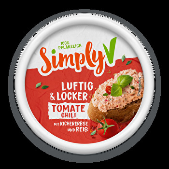Luftig & Locker Tomate Chili von Simply V – Die aufgeschlagene Frischkäsealternative überzeugt mit einer luftig-lockeren Konsistenz, fruchtigen Kirschtomaten und einem dezenten Chili-Kick.