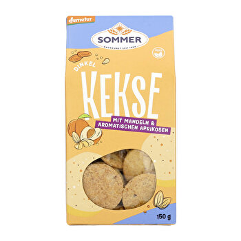 Dinkel Kekse mit Mandeln & Aprikosen von Sommer – Knuspriges Gebäck mit süßen Mandeln und aromatischen Aprikosen. Nussig-fruchtig im Geschmack und zart im Biss – ein echter Genuss!